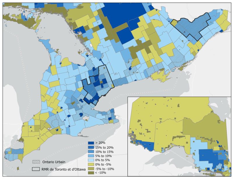 Cette carte montre l’évolution du nombre d’habitants par subdivision de recensement entre 2011 et 2016. Les subdivisions de recensement qui connaissent une croissance nulle ou négative sont toutes situées dans des zones rurales. Les zones où la croissance est la plus forte (10 % et plus) sont principalement des subdivisions de recensement rurales qui comportent des zones côtières. Les régions fortement peuplées, comme la RMR de Toronto, ont connu une croissance modérée (moins de 10 %).