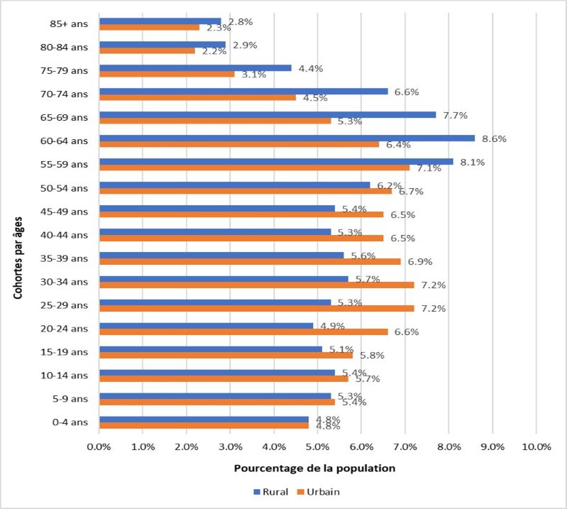 Ce graphique montre la répartition de la population rurale et urbaine de l’Ontario en 2021, tous les cinq ans. L’Ontario rural compte une plus grande proportion de personnes âgées et une plus faible proportion de jeunes et d’adultes en âge de travailler que l’Ontario urbain. De même, il existe des différences notables parmi les adultes en âge de travailler dans les zones rurales et urbaines. Les régions rurales ont une proportion plus élevée d’adultes âgés en âge de travailler que les régions urbaines de l’Ontario.