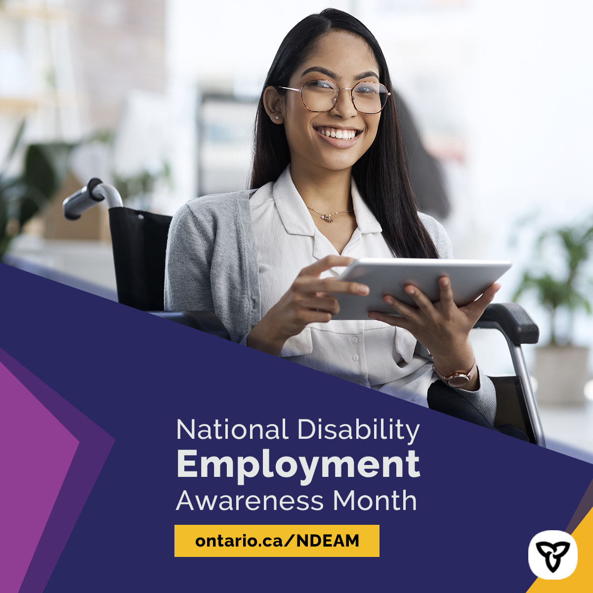 A wheelchair user smiling and holding a tablet. Text reads: National Disability Employment Awareness Month ontario.ca/NDEAM