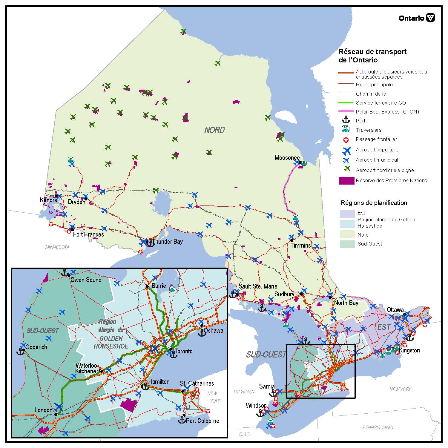 Carte montrant le réseau de transport de l’Ontario, y compris les autoroutes, les chemins de fer, les ports, les traversiers, les postes frontières et les aéroports, ainsi que les zones de planification régionale et les réserves des Premières Nations.