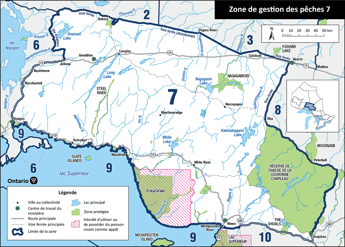 La zone 7 est située dans le Nord-Est et le Nord-Ouest de l’Ontario et comprend les villes de Nipigon, Geraldton, Marathon et Wawa.