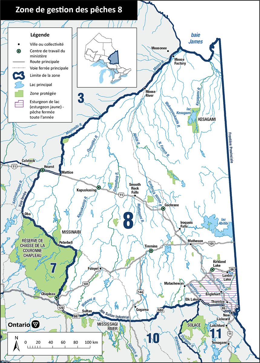 La zone 8 est située dans le Nord-Est de l’Ontario et comprend les villes de Cochrane, Timmins, Kirkland Lake, Kapuskasing et Gogama.