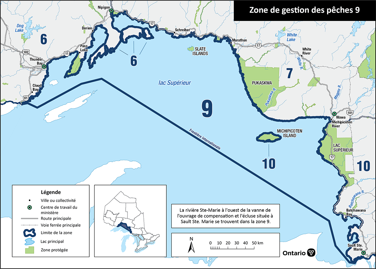 La zone 9 se compose du lac Supérieur, sauf la plupart de ses tributaires et les îles de St. Ignace, Simpson et Michipicoten.