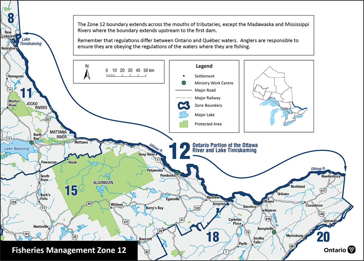 Zone 12 consists of Lake Temiskaming and the Ottawa River, including the Madawaska and Mississippi Rivers to the first dam.