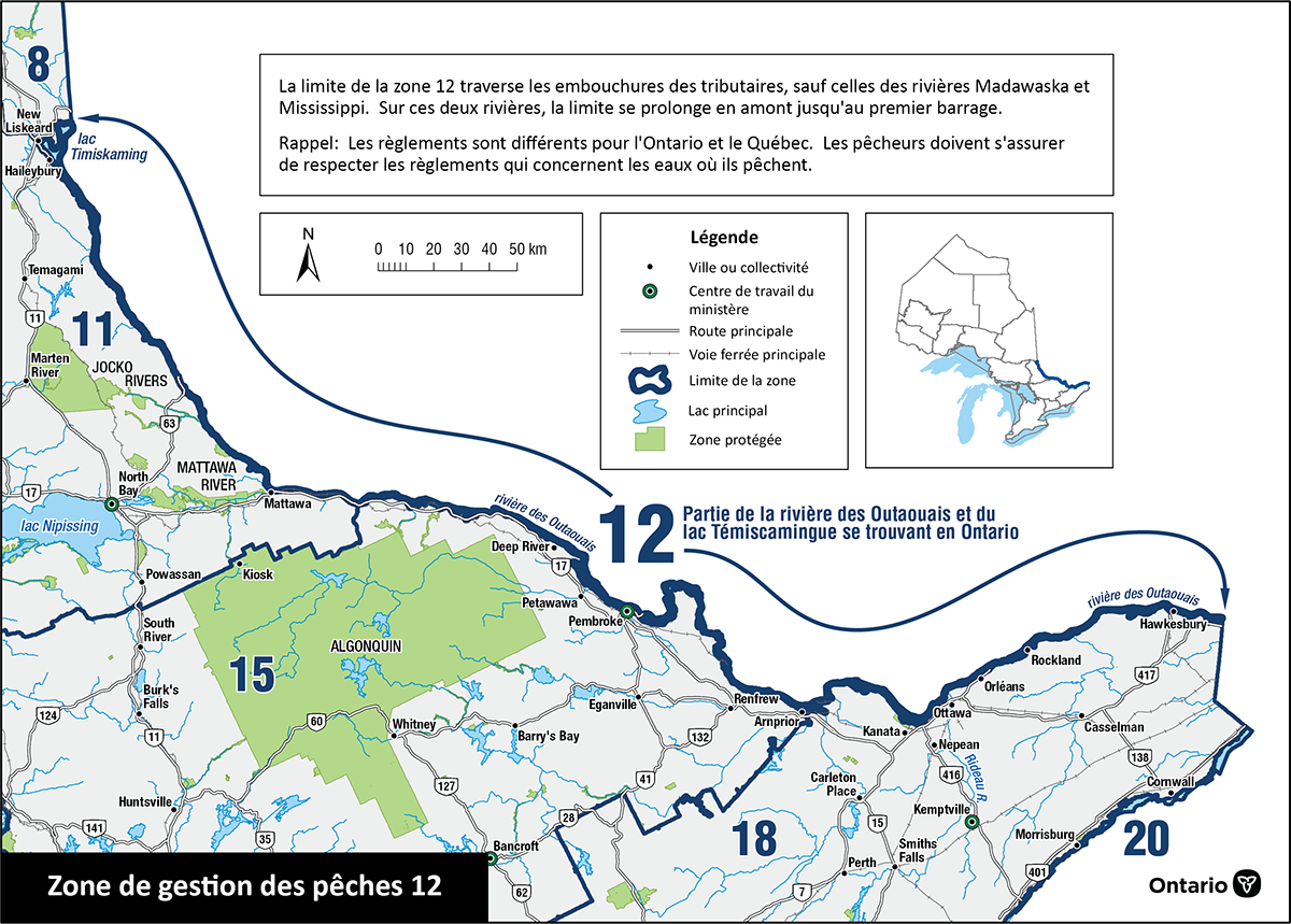 La zone 12 comprend le lac Témiscamingue et la rivière des Outaouais, y compris les rivières Madawaska et Mississippi jusqu’au premier barrage.