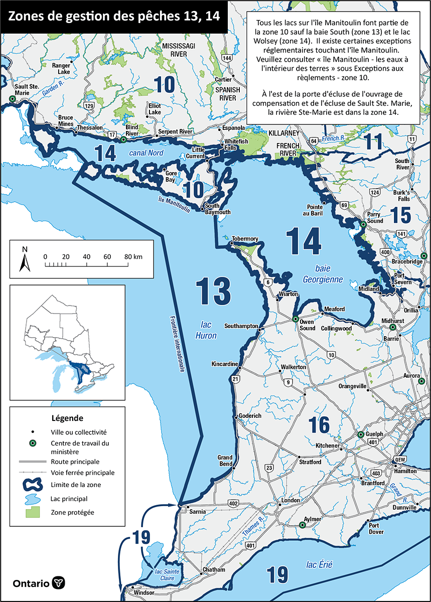 La zone 13 se compose du bassin principal du lac Huron tandis que la zone 14 se compose de la baie Georgienne et du chenal North.
