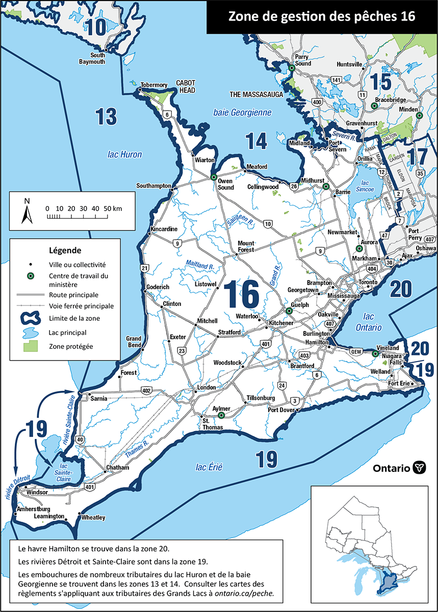 La zone 16 est située dans le Sud de l’Ontario et comprend surtout des rivières dans des centres urbains comme Windsor, Niagara et Toronto.