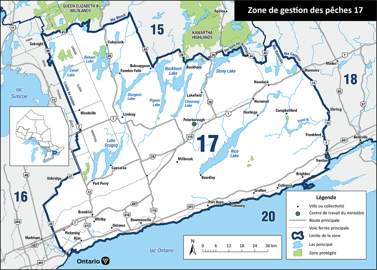 La zone 17 est située dans le Sud de l’Ontario et comprend des réseaux de cours d’eau comme Trent-Severn, les lacs Kawartha et la rivière Crowe.