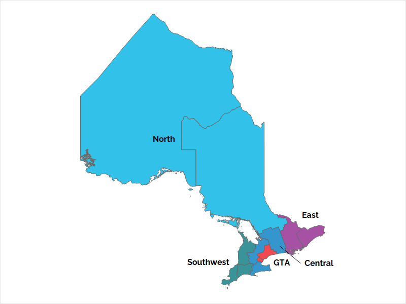 The map shows Ontario’s five regions: Northern Ontario, Eastern Ontario, Southwestern Ontario, Central Ontario and the Greater Toronto Area. 