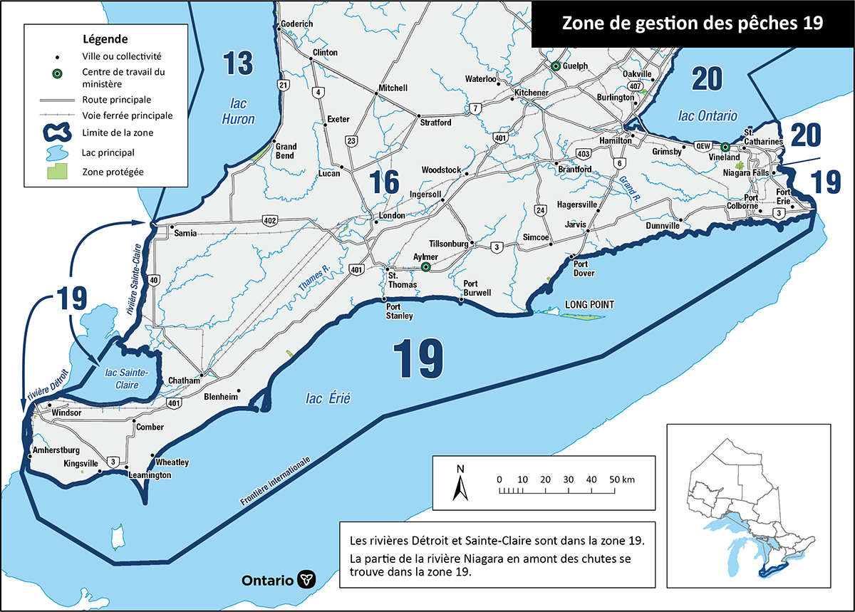 La zone 19 se compose du lac Érié, y compris le lac Sainte- Claire et les rivières Sainte-Claire, Detroit et Niagara (partie supérieure).></drupal-media>
<figcaption>
<p><strong><a data-cke-saved-href=