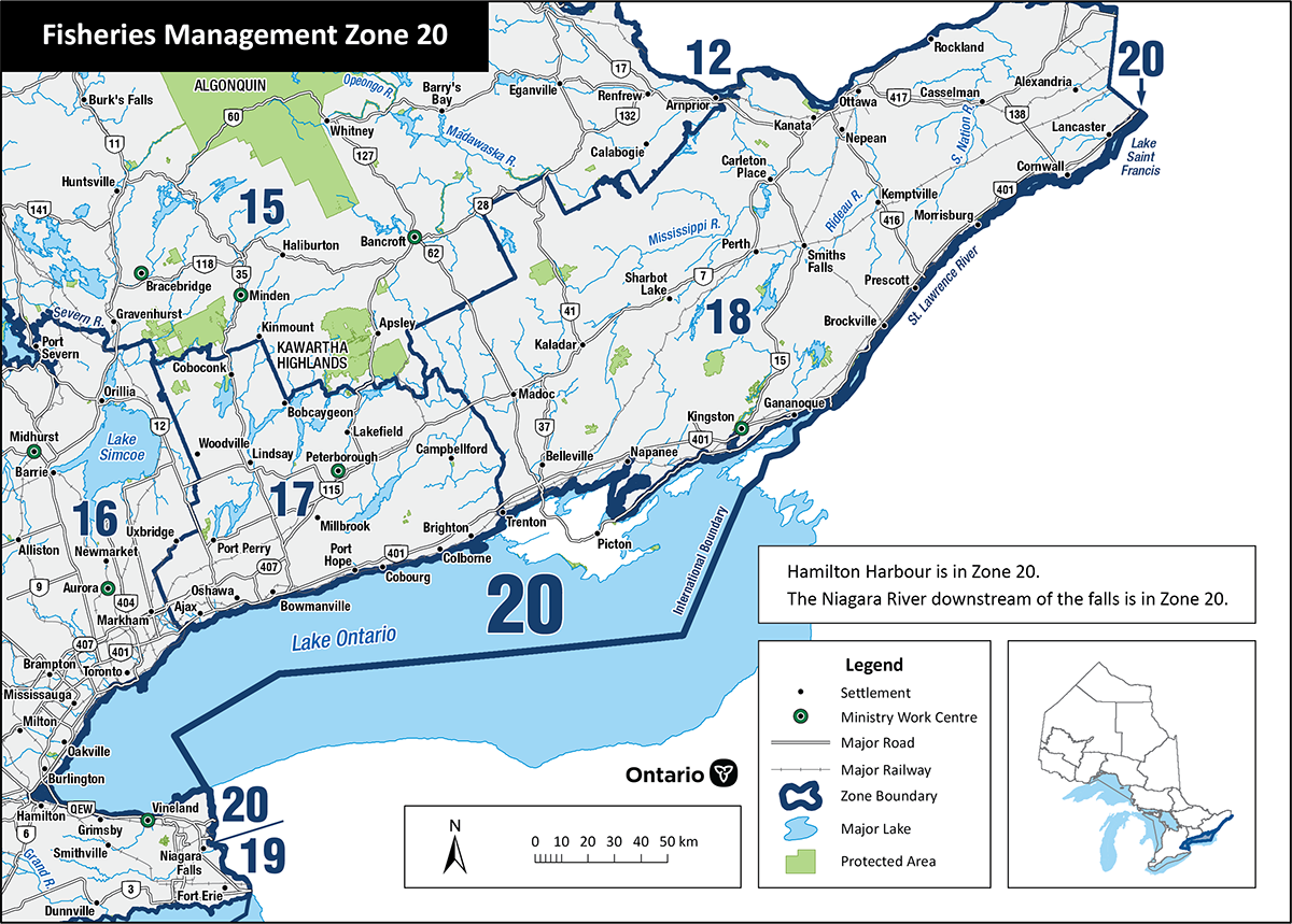 Zone 20 consists of Lake Ontario including the Bay of Quinte, Niagara River, Hamilton Harbour and the St. Lawrence River.
