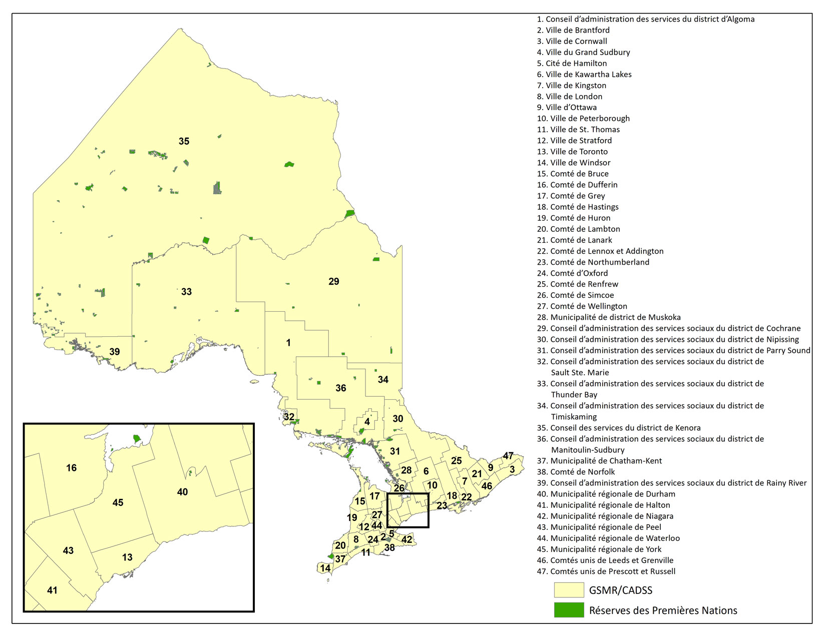 Carte de l’Ontario montrant les emplacements des gestionnaires des services municipaux regroupés et conseils d’administration de district des services sociaux (<abbr>GSMR<abbr>/</abbr>CADSS</abbr>) en Ontario :