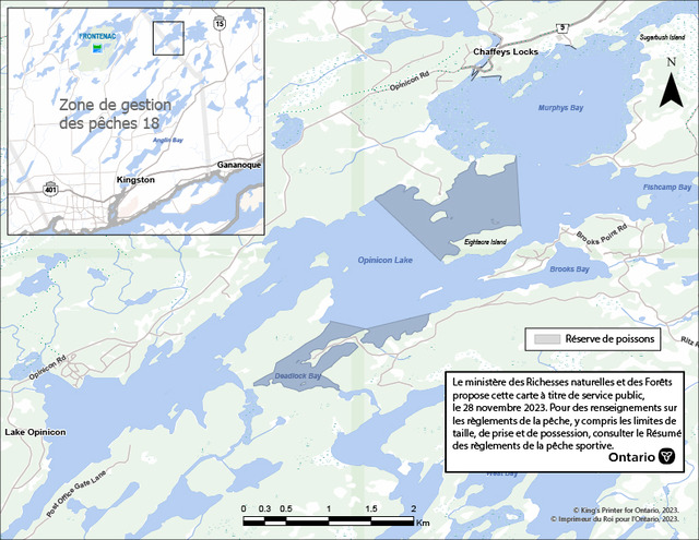 Image cartographique décrivant la zone du lac Opinicon où se trouvent les réserves de poissons, y compris la baie Deadlock, la baie Opinicon Property Owners’ Community et l’île Eightacre jusqu’à l’île Cow]