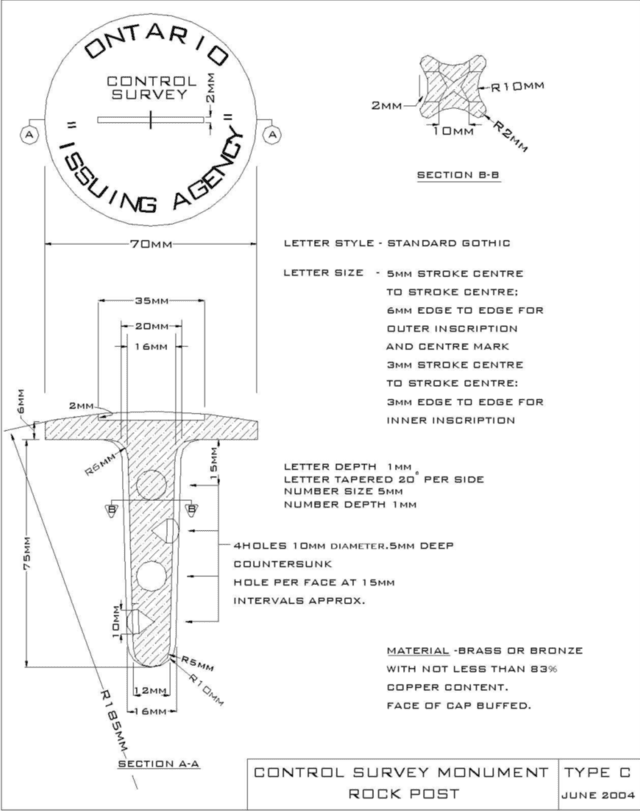 Diagram of a rock post control survey monument specifications. Please refer to the caption for detailed monument specifications 