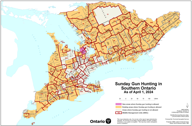 Map showing municipalities that allow Sunday gun hunting in Southern Ontario, effective April 1, 2024.