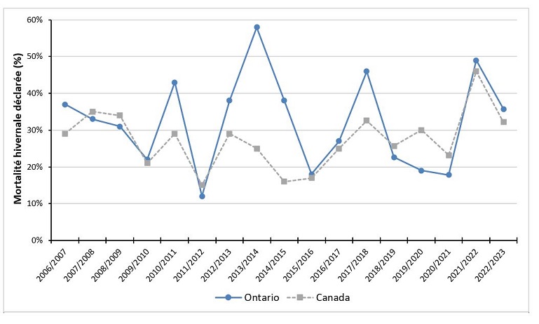 Le pourcentage de mortalité hivernale déclarée par les apiculteurs de l’Ontario et du Canada de 2007 à 2023.