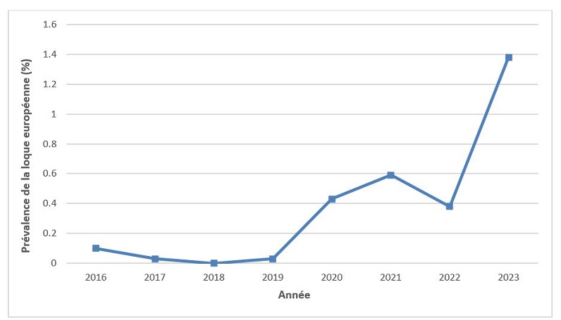 La prévalence annuelle de la loque européenne dans les ruchers de l’Ontario a été de 0,1 % en 2016, de 0,03 % en 2017, de 0 % en 2018, de 0,03 % en 2019, de 0,43 % en 2020, de 0,59 % en 2021, de 0,38 % en 2022 et de 1,38 % en 2023.