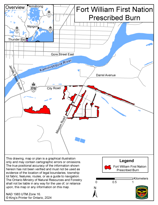 Map showing the prescribed burn area for Fort William First Nation – Thunder Bay District. The area to be burned is shown in red and is located in the area of City and Mission Roads.