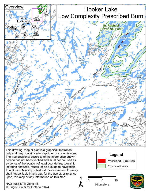 This map shows the areas of the Hooker Lake prescribed burn located inside the St. Raphael Provincial Park boundary approximately 82 kilometres northeast of the town of Sioux Lookout.