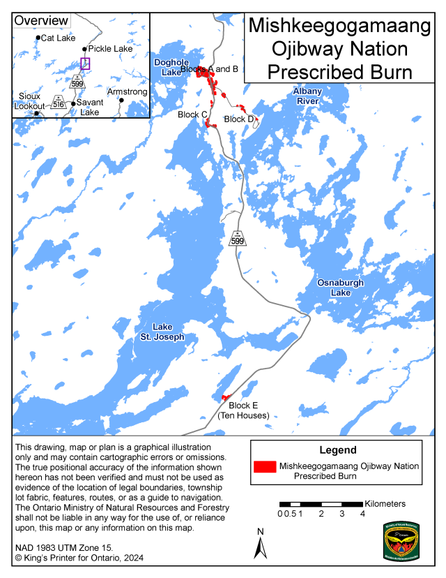 Map showing the prescribed burn area for Mishkeegogamaang Independent First Nation – Sioux Lookout District. The area to be burned is shown in red and is located in various locations off Highway 599, mostly between Doghole Lake and Albany River.