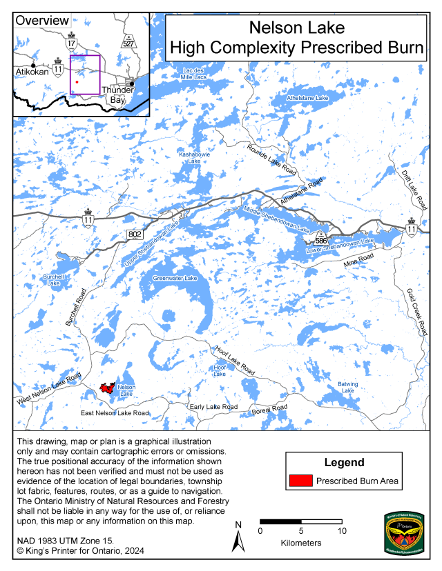 This map shows the area of the Nelson Lake prescribed burn located on the west side of Nelson Lake, 20.9 kilometres south of highway 11, approximately 96 kilometres west of the City of Thunder Bay.