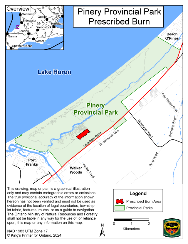 This map shows the area of the Pinery Provincial Park prescribed burn located inside the Pinery Provincial Park boundary adjacent to the Riverside campground, northwest of Lakeshore Road.