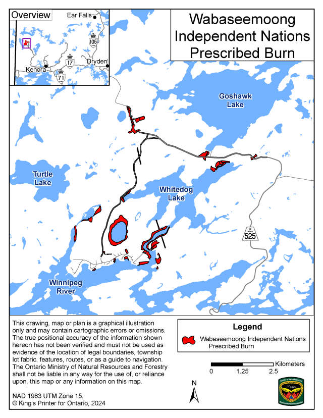 Map showing the prescribed burn area for Wabaseemoong Independent First Nation – Kenora District. The area to be burned is shown in red and is located in various locations off Highway 525, Whitedog Lake, Winnipeg River and the lake north of the Whitedog Post Office.
