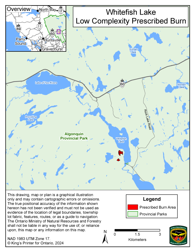This map shows the areas of the Whitefish Lake prescribed burn, located inside the Algonquin Provincial Park boundary. It is in the area of Whitefish Lake approximately 4 kilometres south of highway 60, 1.2 kilometres northwest of the Rock Campground Office, 66 kilometres northeast of the town of Huntsville.