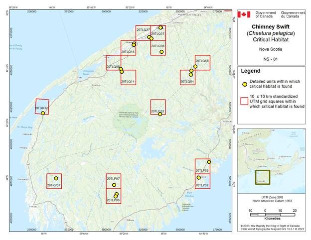 Figure D-4.5: Critical habitat for the Chimney Swift in Nova Scotia.