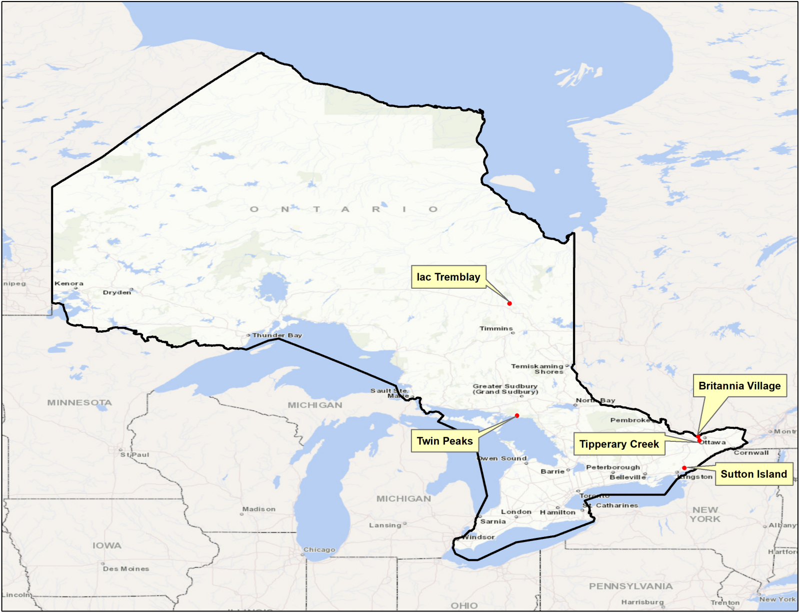 Map of Ontario with locations of name proposals highlighted.