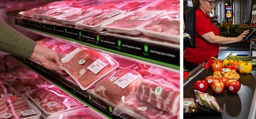 An image of a grocery shopper’s arm and hand picking up meat from meat case lined with Foodland Ontario shelf signage. The meat that the shopper is holding has the Foodland Ontario logo on it. All the meat that is visible has Foodland Ontario logos on the packaging. An image of a check out cashier with asparagus, red, orange and yellow peppers, potatoes and apples on her conveyor belt. Each product contains the Foodland Ontario logo.