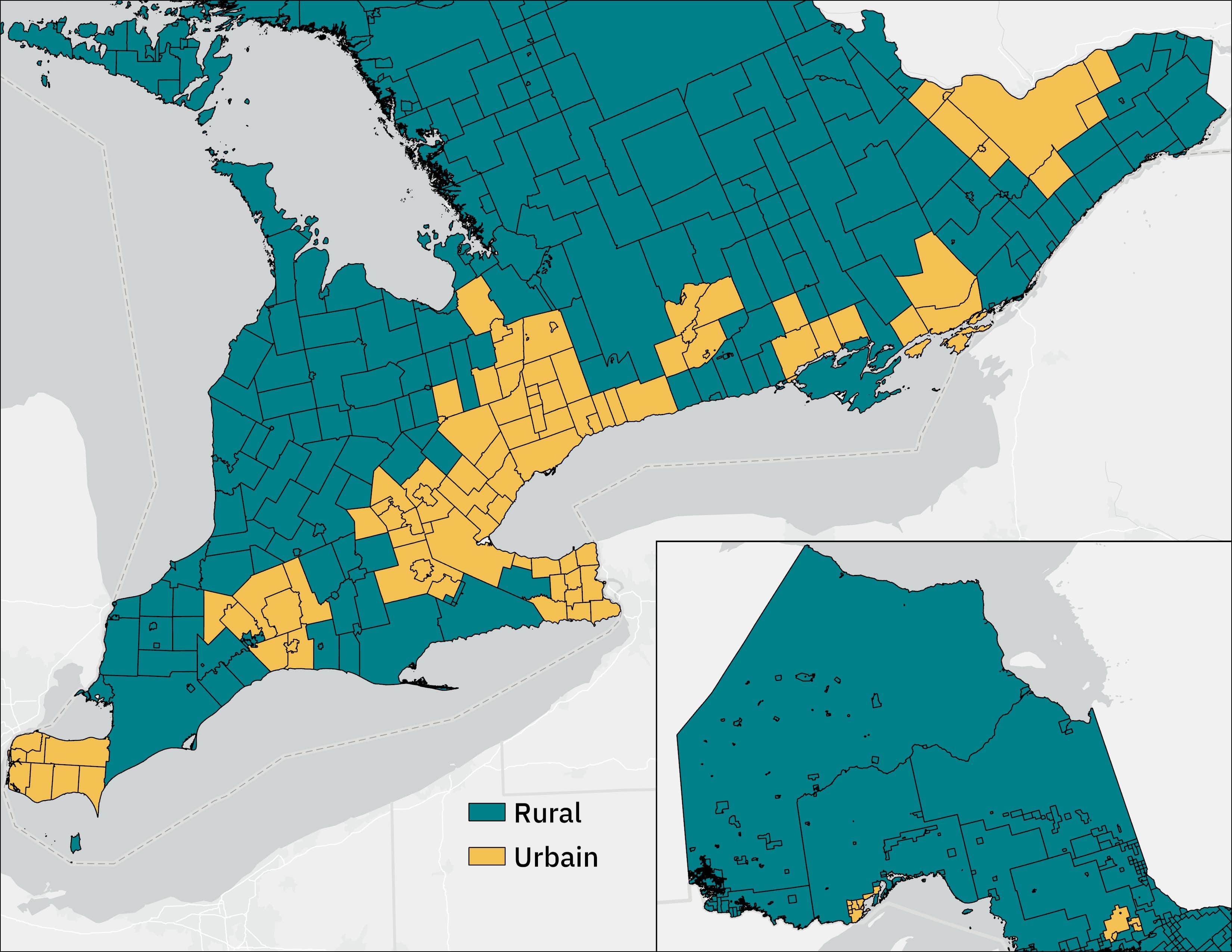 Cette carte de l’Ontario illustre la définition de l’Ontario rural et urbain en fonction des régions métropolitaines de recensement (régions urbaines) et des zones hors région métropolitaine de recensement (régions rurales) selon les limites géographiques de 2021.