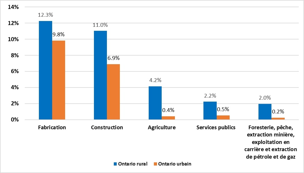 Ce graphique montre la contribution des industries du secteur de la production de biens à l’emploi total dans les zones rurales et urbaines. Les principaux employeurs dans les régions rurales de l’Ontario sont la fabrication, la construction et l’agriculture.