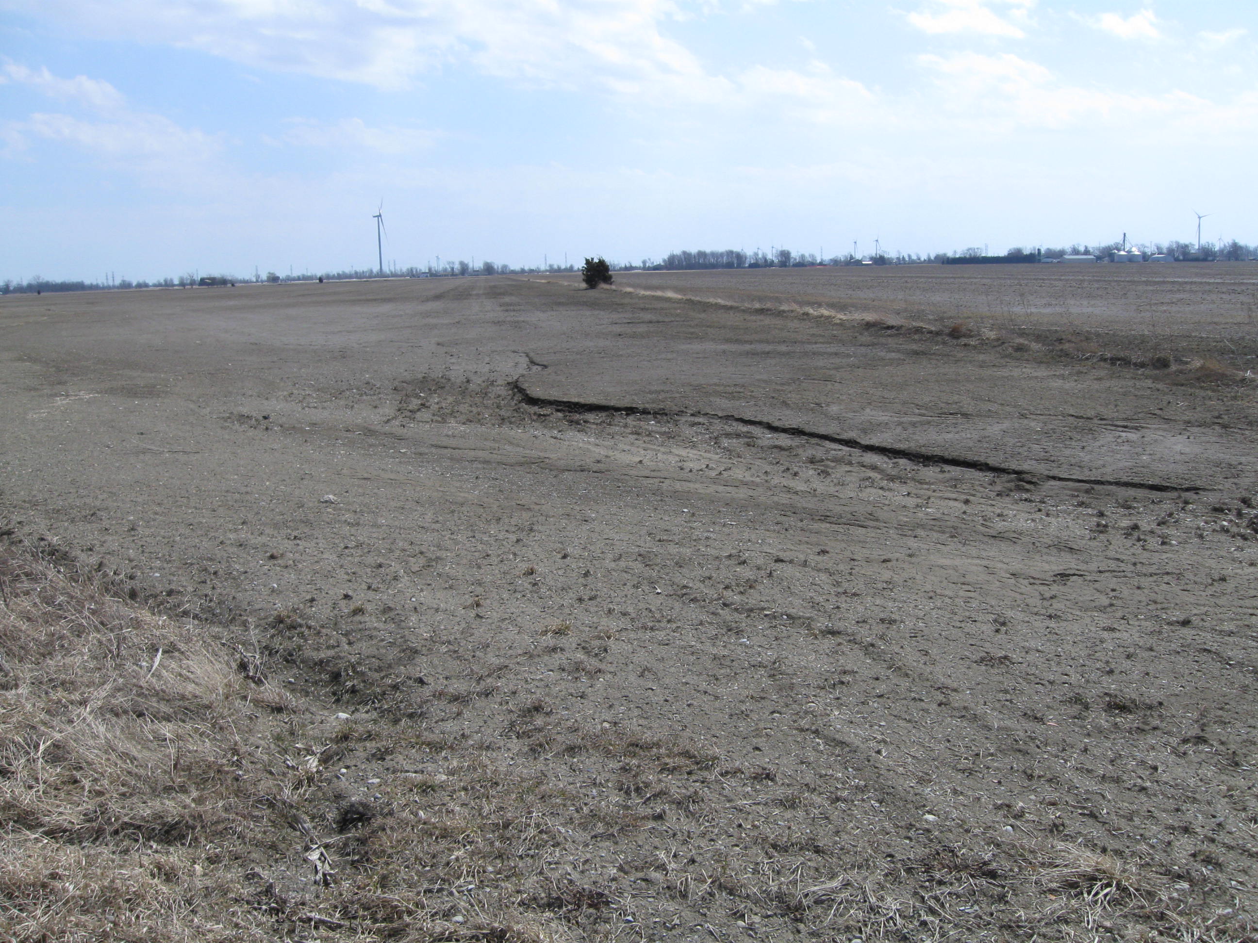 Champ après la récolte dans lequel on observe une accumulation de sol et de débris de culture à l’extrémité basse.