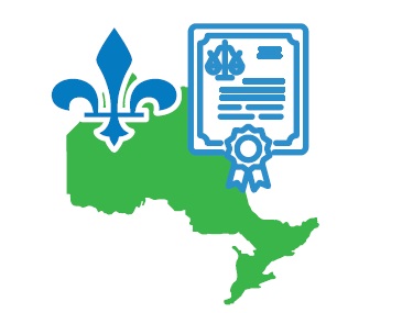 Graphic representation of a green map of Ontario with a blue fleur-de-lis symbol above it, alongside icons symbolizing a legislative act.