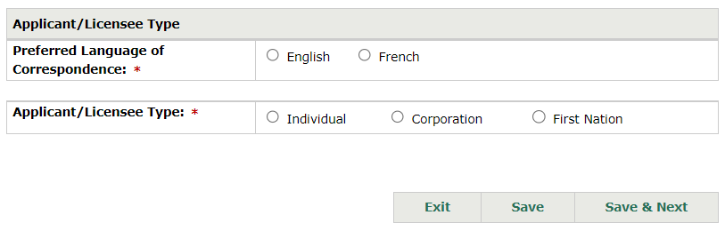 Screenshot of the Child Care Licensing System's Applicant/Licensee Type window.
