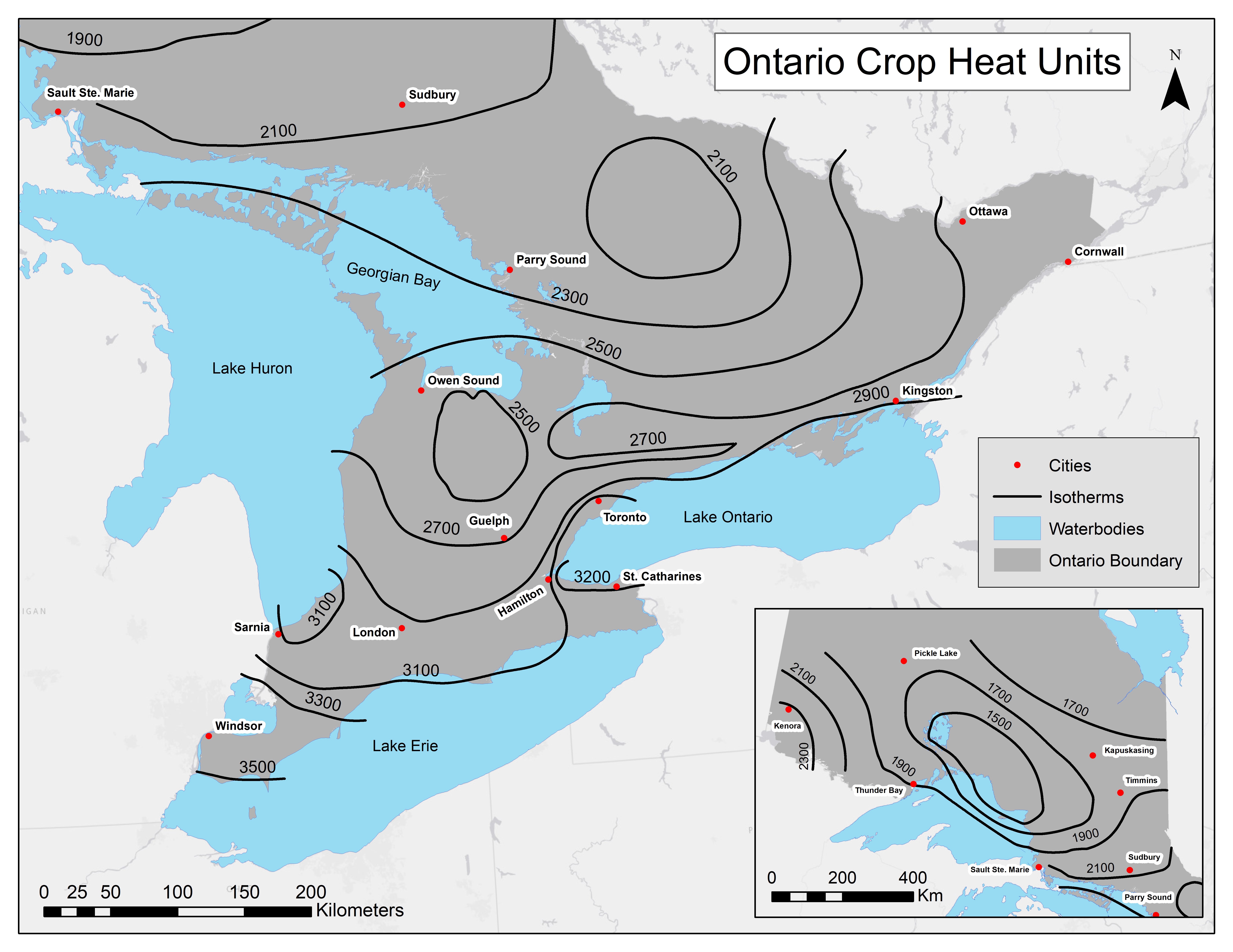 A map of crop heat units of Ontario. The map looks like a contour map with isolines depicting where areas of grouped crop heat units are. The highest crop heat units are found in southwestern Ontario at 3500 crop heat units. In general, as you move north and east in the province the crop heat units decrease. Each line is a change of 200 crop heat units. The lowest crop heat units are found in northern Ontario at 1700 crop heat units.