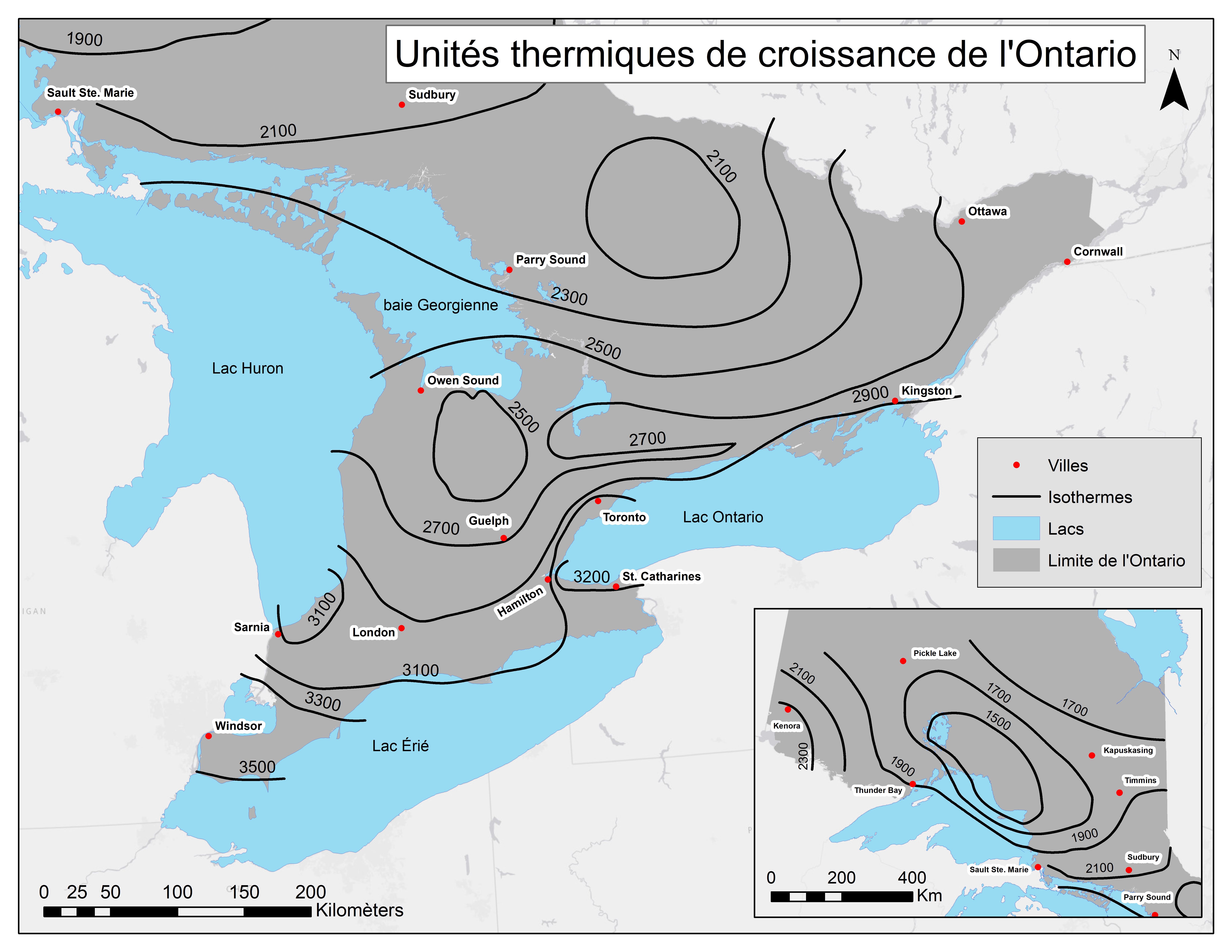 Une carte des unités thermiques de croissance de l’Ontario. La carte ressemble à une carte en courbes de niveau dont les isogrammes représentent les zones de regroupement des unités thermiques de croissance. Le Sud-Ouest de l’Ontario compte le nombre le plus élevé d’unités thermiques de croissance, avec 3 500 unités. En général, à mesure que l'on se déplace vers le nord et l'est de la province, le nombre d’unités thermiques de culture diminue. Chaque ligne représente une variation de 200 unités thermiques de croissance. C’est dans le Nord de l’Ontario que se trouve le nombre le moins élevé d’unités thermiques de croissance, avec 1 700 unités.