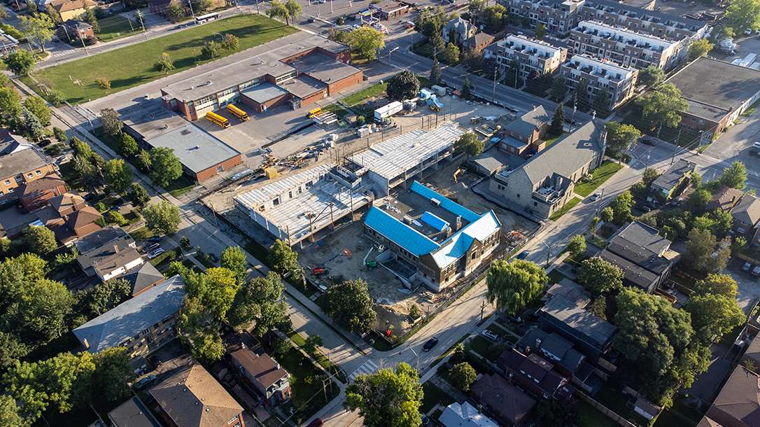 Aerial view of a school building and surrounding property