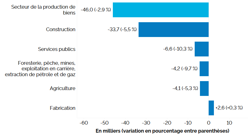 Ce graphique à barres horizontales montre la variation de l’emploi en Ontario sur 12 mois (entre les deuxièmes trimestres de 2023 et de 2024) dans le secteur de la production de biens, en milliers, avec le pourcentage entre parenthèses. L’emploi a baissé dans quatre industries de production de biens : l’industrie de la construction (-5,5 %), des services publics (-10,3 %), de la foresterie, de la pêche, des mines, de l’exploitation en carrière et de l’extraction de pétrole et de gaz (-9,7 %) et de l’agriculture (-5,3 %). Dans l’ensemble des industries productrices de biens, l’emploi a diminué de 46 000 (-2,9 %).