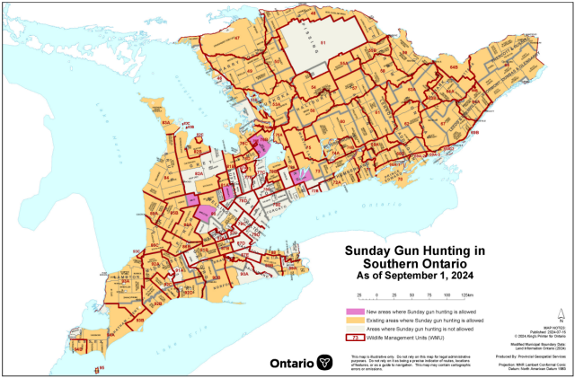 Updated map showing municipalities that allow Sunday gun hunting in Southern Ontario, effective September 1, 2024. Including newly added municipalities/townships of Amaranth, Mapleton, Minto, Oro-Medonte, and Scugog