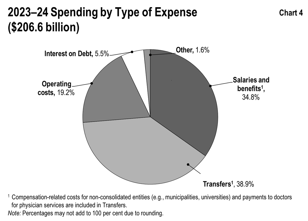 This chart shows the percentage composition of Ontario’s total expenses in 2023–24 by type of expense. Total expense is $206.6 billion.