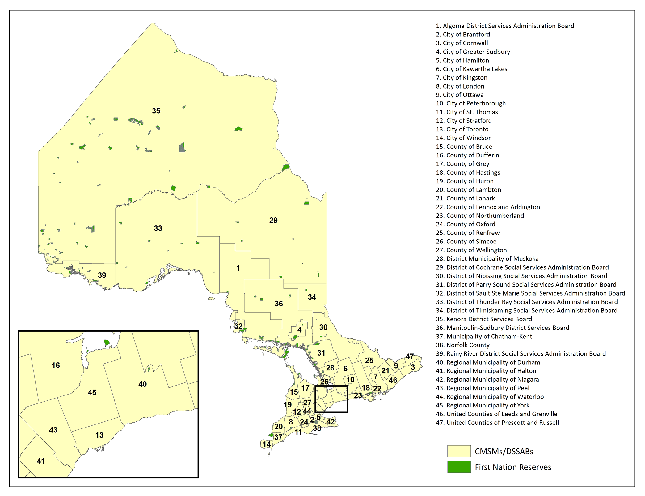 Map of Ontario showing the locations of Consolidated Municipal Service Managers and District Social Services Administration Boards, which are as the following chart indicates.