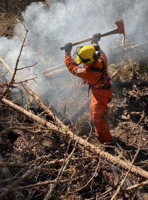 A FireRanger in Personal Protective Equipment uses a Pulaski to chop fallen trees while smoke arises from a pile of other branches and trees behind them.