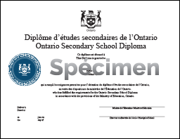 Exemple d’un diplôme d’études secondaires de l’Ontario affichant le sceau du PAJO-APTE