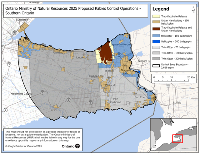 Map of 2025 rabies prevention operations in Southern Ontario