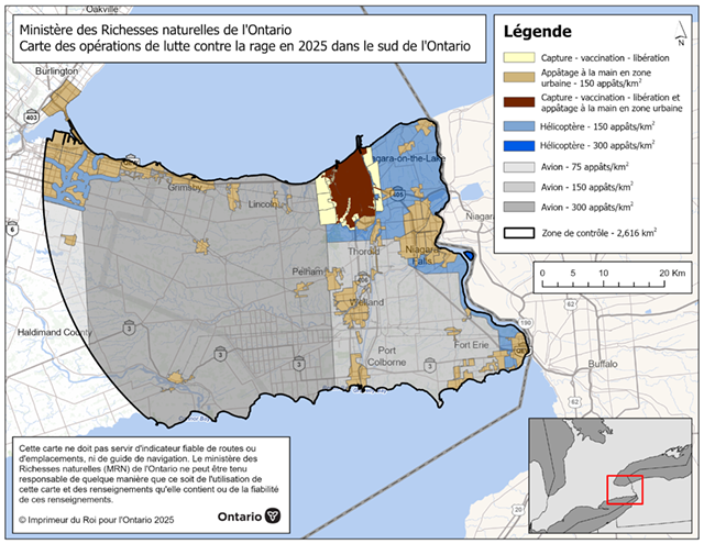 Carte des opérations de prévention de la rage en 2025 dans le sud de l’Ontario