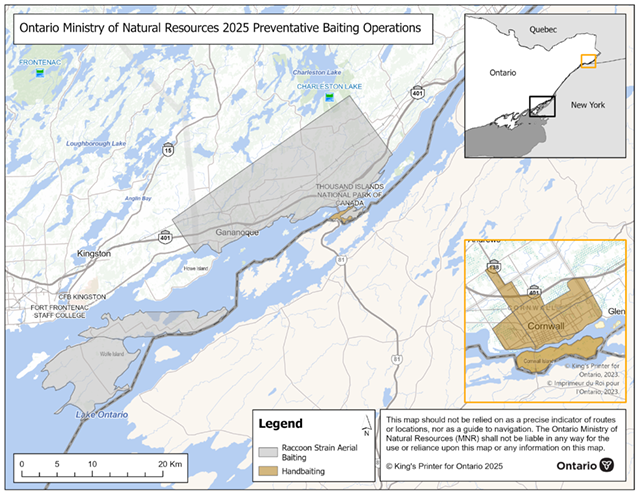 Map of 2025 rabies prevention operations in eastern Ontario