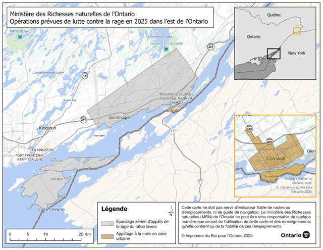 Carte des opérations de prévention de la rage en 2025 dans l’est de l’Ontario   