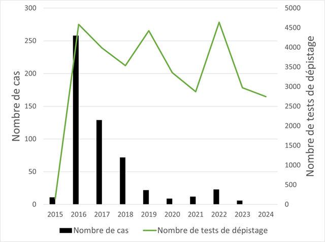 Graphique du nombre annuel de cas de rage détectés et du nombre d’animaux soumis à un test de dépistage par le ministre en Ontario entre 2015 et 2023. La tendance montre une baisse des cas de 98 % par année depuis 2016 (noir), malgré un nombre similaire d’animaux soumis à un test de dépistage chaque année (vert).